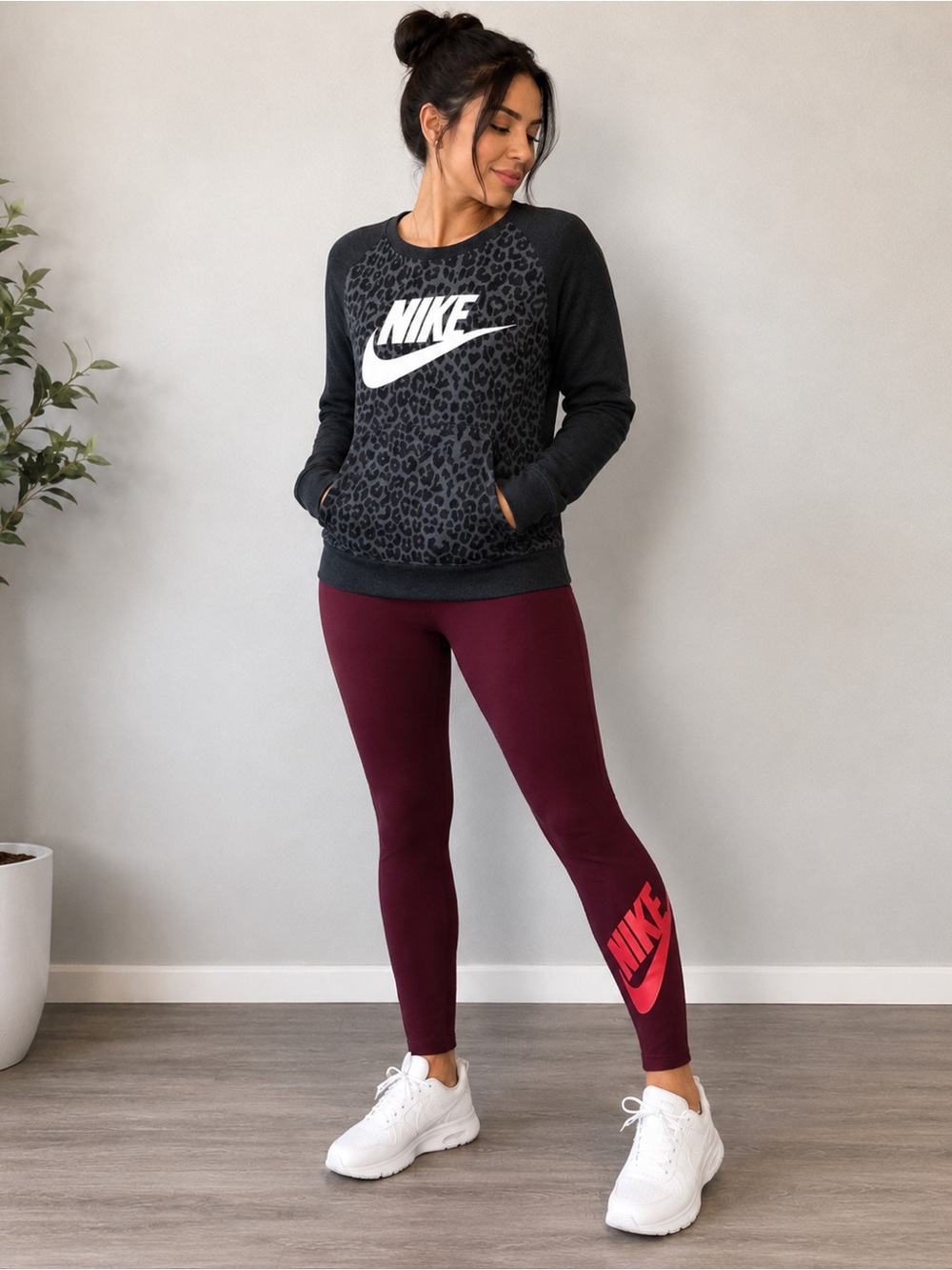 Nike Women's Maroon Leggings with black crewneck outfit